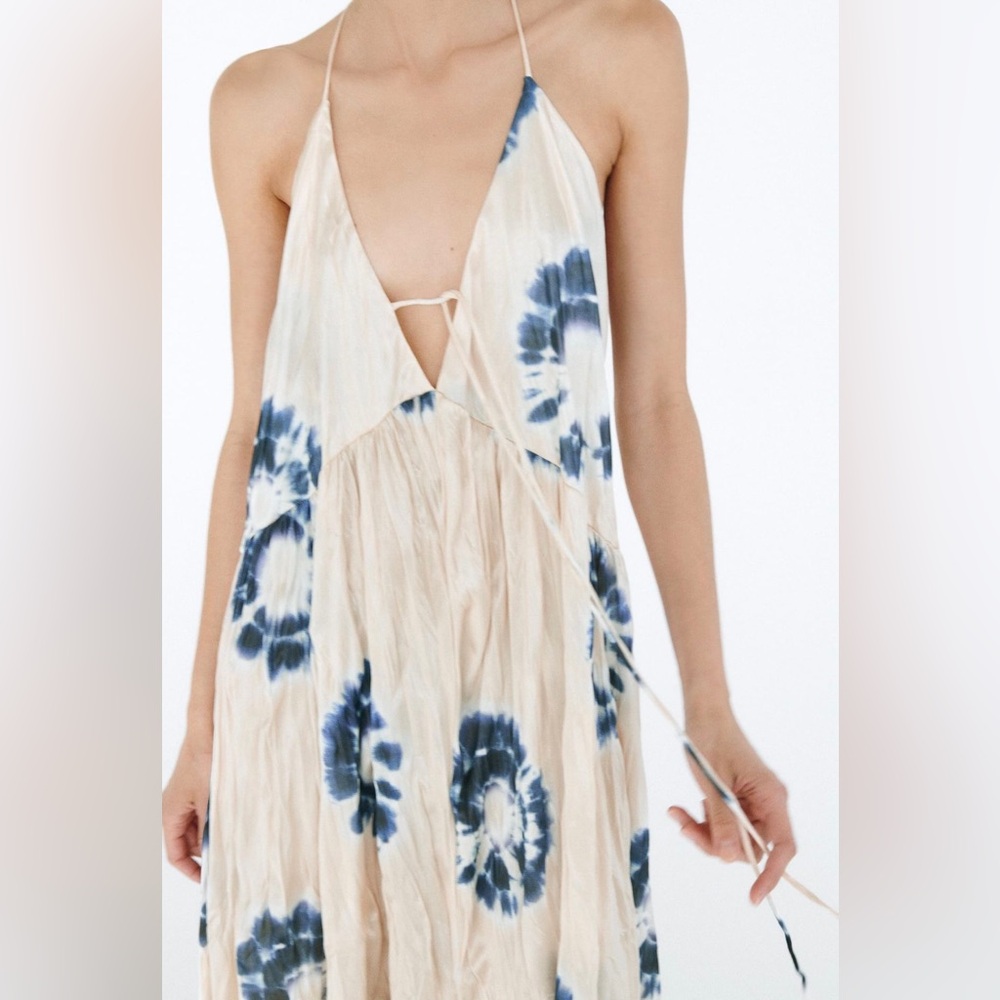 ZARA WRINKLE SATIN EFFECT MAXI LONG DRESS WHITE BLUE NWOT S - Picture 7 of 14